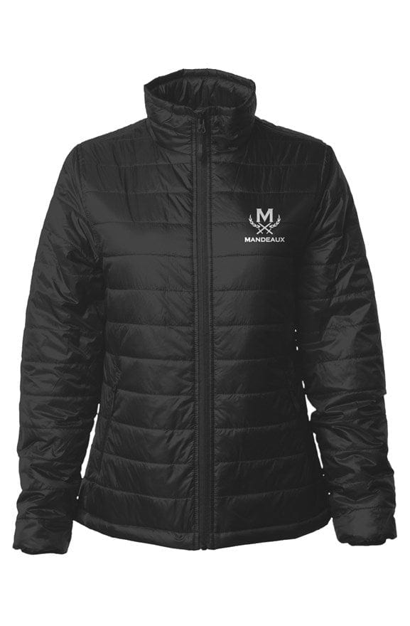 Mandeaux Women’s Bubble Jacket in black, packable water resistant puffer, front view