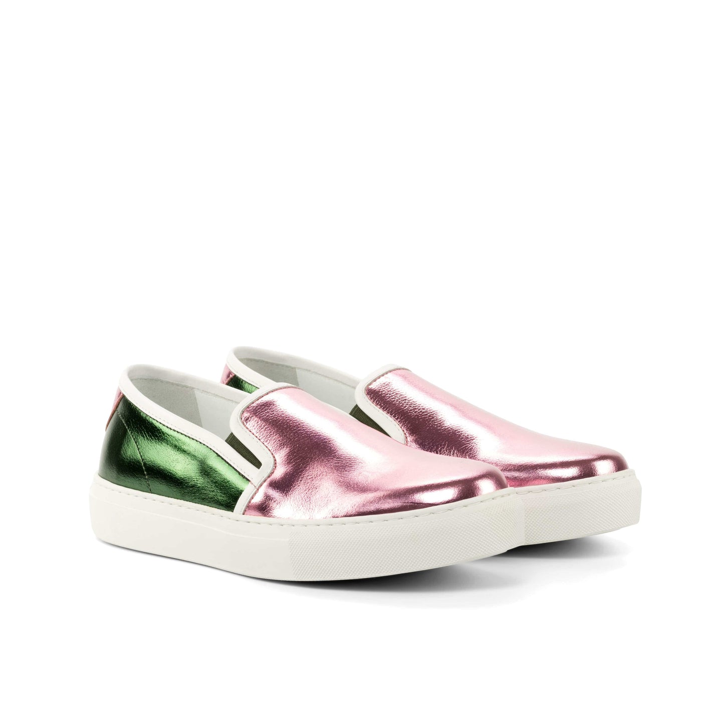 Ariane - Mandeaux Pink and Green Metallic Leather Slip Ons Black Owned Anchorage Alaska