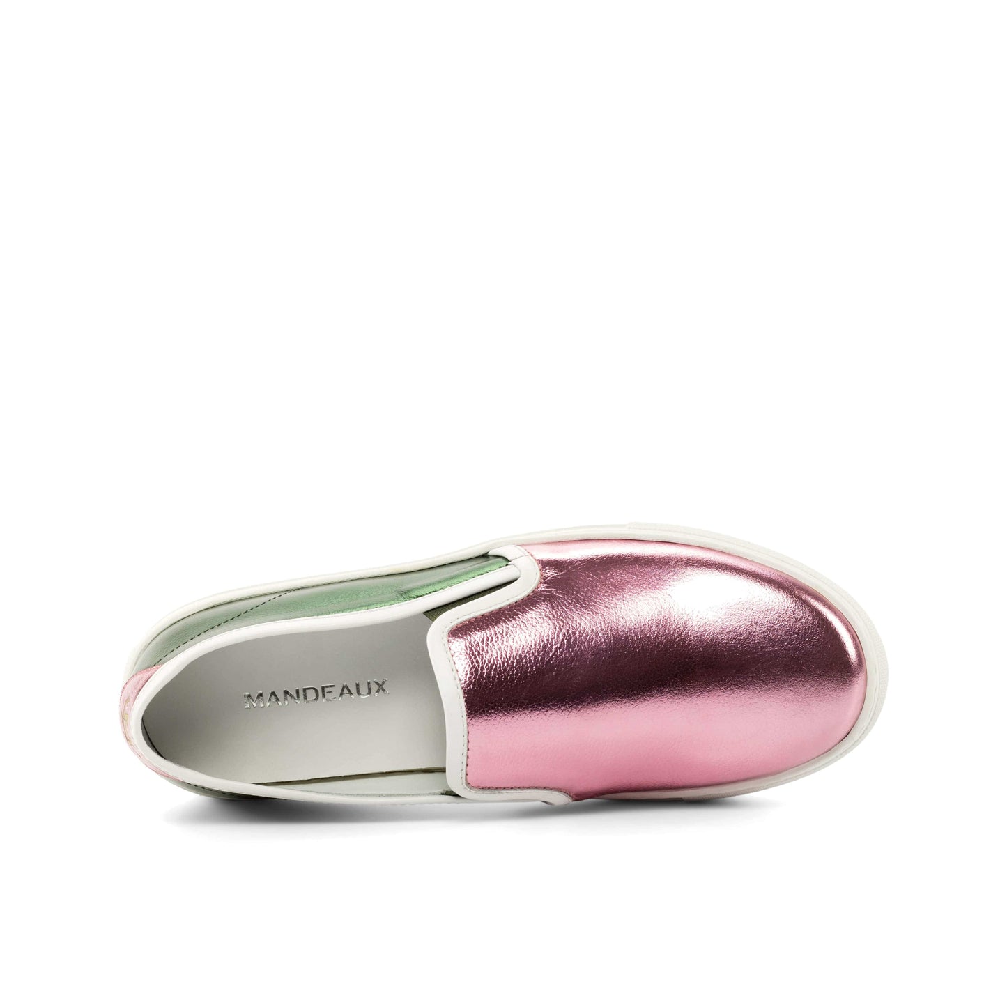 Ariane - Mandeaux Pink and Green Metallic Leather Slip Ons Black Owned Anchorage Alaska