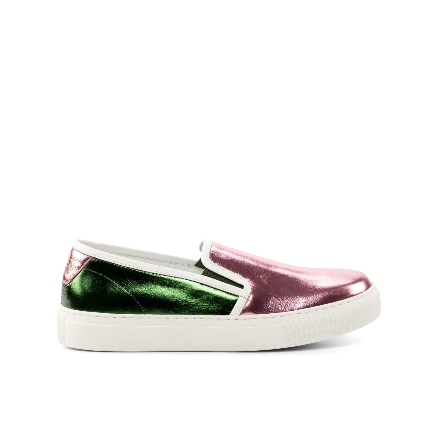 Ariane - Mandeaux Pink and Green Metallic Leather Slip Ons Black Owned Anchorage Alaska