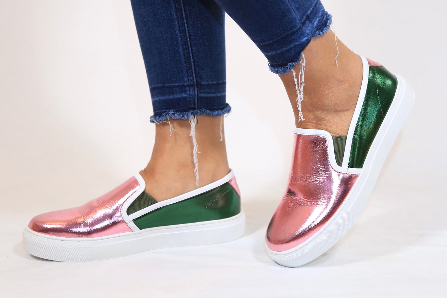 Ariane - Mandeaux Pink and Green Metallic Leather Slip Ons Black Owned Anchorage Alaska