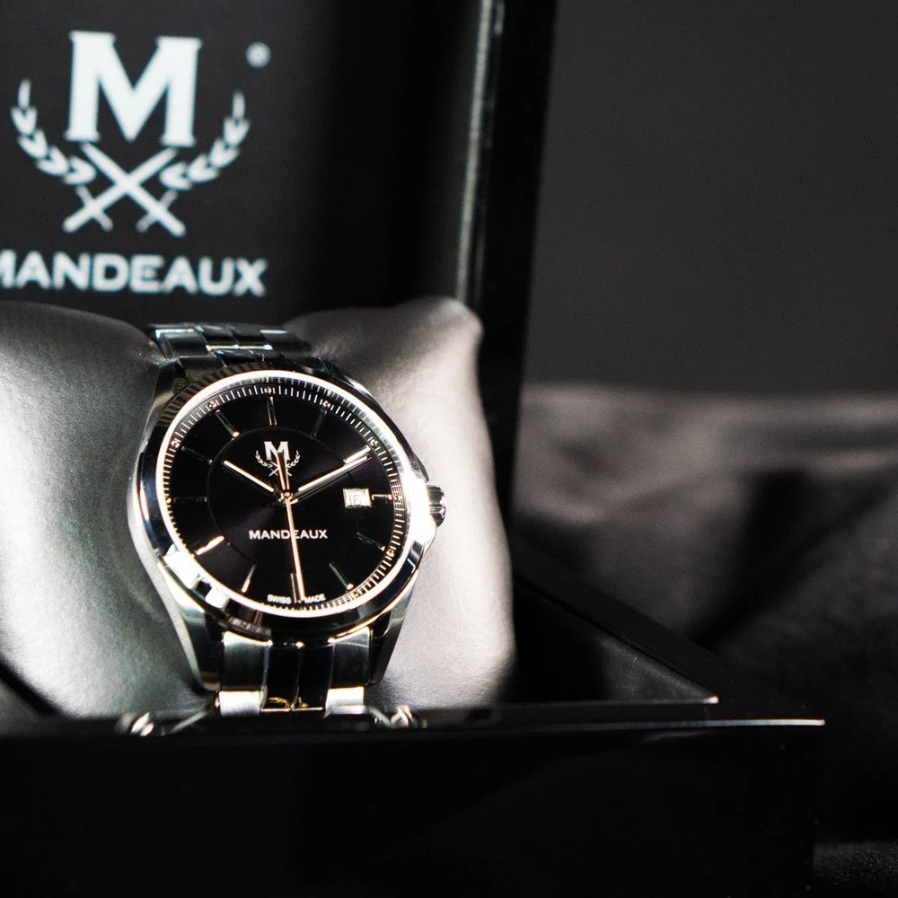 Mandeaux Auteaux automatic luxury timepiece black dial stainless steel case and band 40mm 10 atm exhibition back 