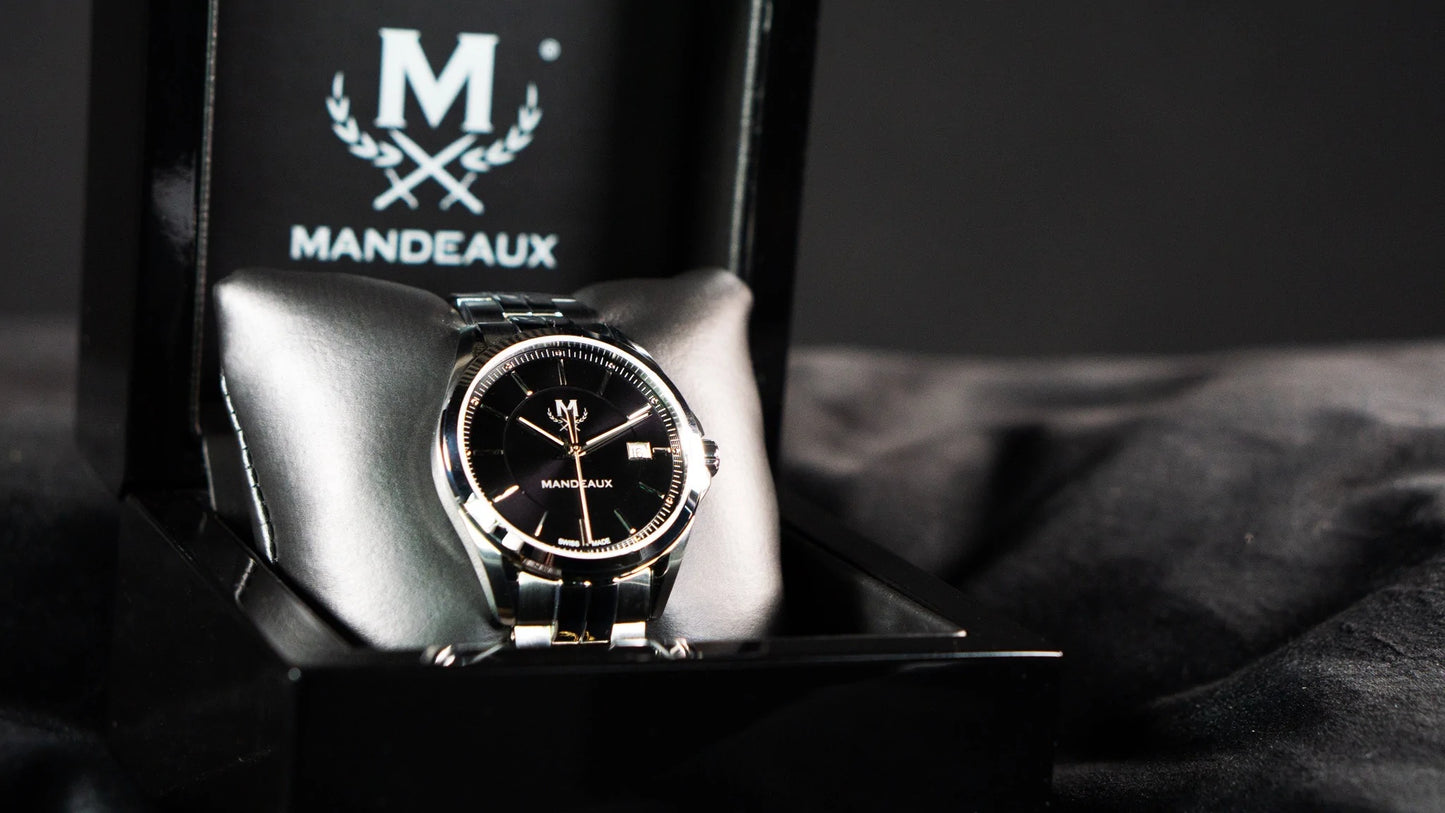 Mandeaux Auteaux automatic luxury timepiece black dial stainless steel case and band 40mm 10 atm exhibition back 
