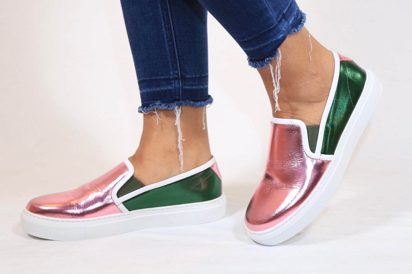 
                  
                    Ariane - Mandeaux Pink and Green Metallic Leather Slip Ons Black Owned Anchorage Alaska
                  
                