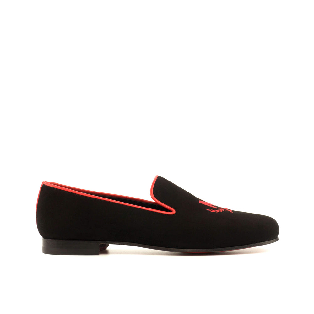 Amir - Mandeaux Tuxedo Slippers Shoes Black Suede Red Trim Black Owned Anchorage Alaska